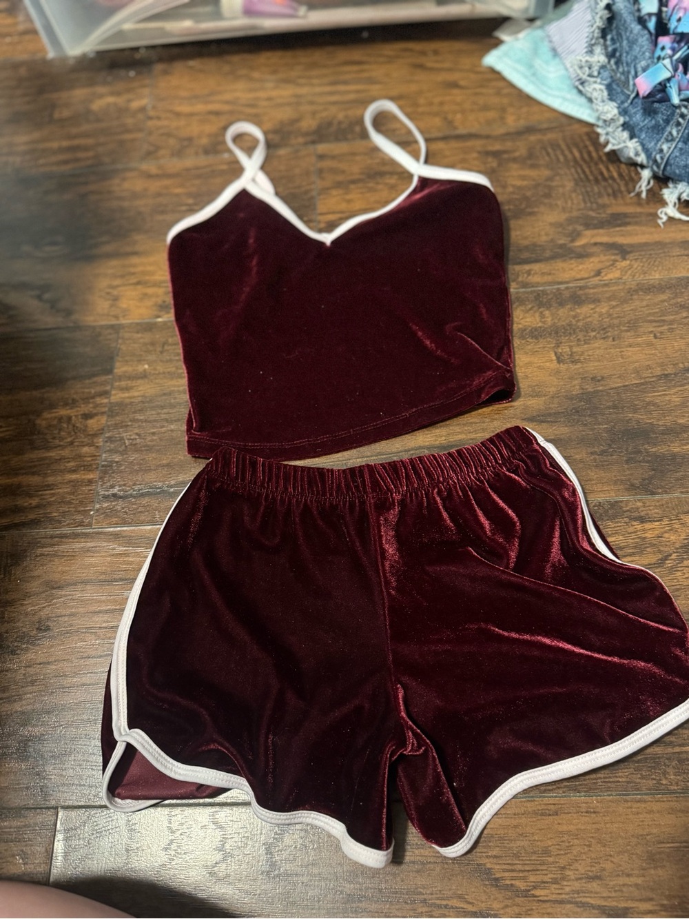 Velvet Maroon Cami & Shorts Lounge Set with Contrast Trim